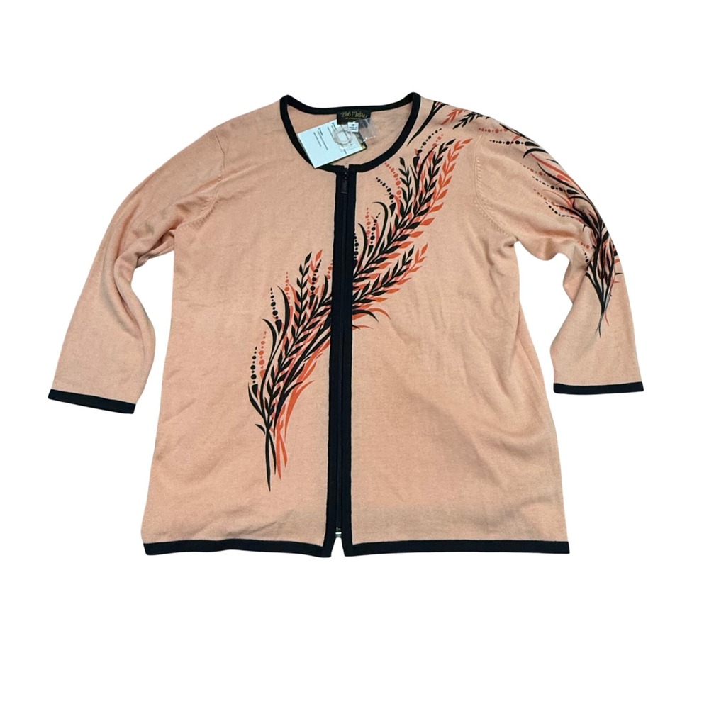Bob‎ Mackie Wearable Art Cardigan Peach Floral Print Zip Front Jacket M